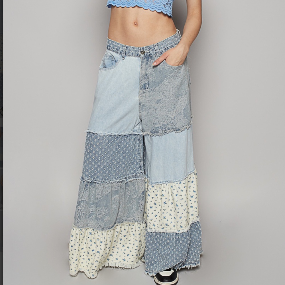 POL Light Blue Patchwork Flare Jeans